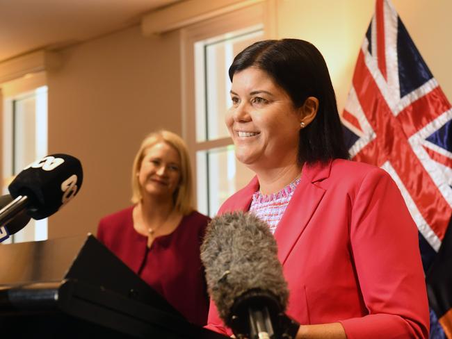 Newly appointed Chief Minister Natasha Fyles addresses media with Deputy Chief Minister Nicole Manison. Picture: (A)manda Parkinson