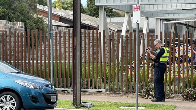 Police on Wattle St, Fullarton, after a child was struck by a car. Picture: Dylan Hogarth