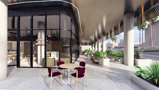 Artist impression of Morphett St Shop entrance at proposed 33-storey student accommodation tower for Trinity Church on North Tce. Picture: Brown Falconer