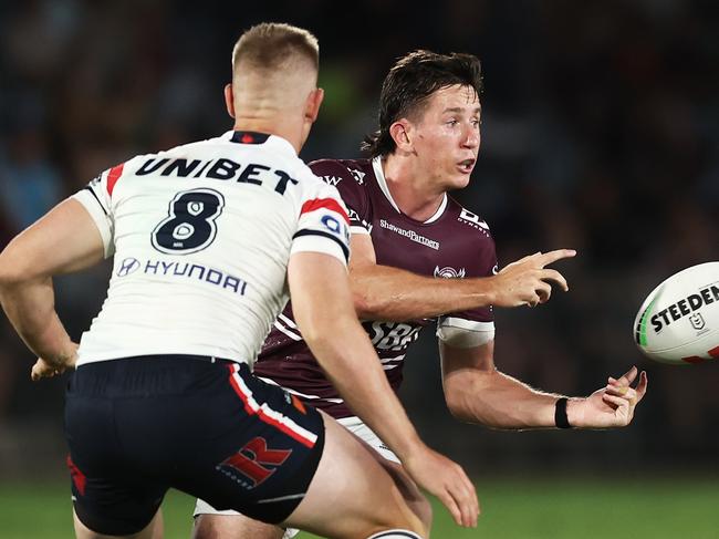 GOSFORD, AUSTRALIA - FEBRUARY 17: Cooper Johns of the Sea Eagles passes during the NRL Trial Match between the Sydney Roosters and the Manly Sea Eagles at Central Coast Stadium on February 17, 2023 in Gosford, Australia. (Photo by Matt King/Getty Images)