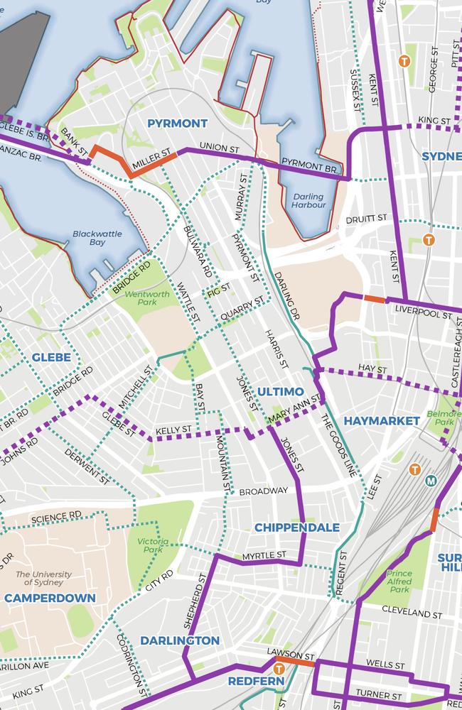 The four new cycle links (in red). Picture: City of Sydney