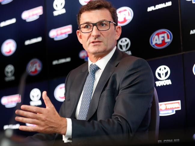 MELBOURNE, AUSTRALIA - DECEMBER 21: AFL Executive General Manager of Clubs and Broadcasting Travis Auld speaks with media during the AFL 2021 Fixture Release at Marvel Stadium on December 21, 2020 in Melbourne, Australia. (Photo by Michael Willson/AFL Photos via Getty Images)