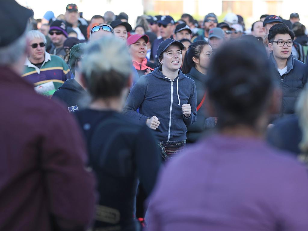 Walkers warm up before the 2019 Point to Pinnacle. Picture: LUKE BOWDEN