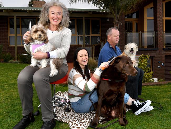 Alana Bosco-White his selling her Hallett Cove family home, complete with a dog wash/grooming business. Alana Bosco-White with husband Brenton and daughter Laila with dogs Bocco (choc lab), Chubba (white) and Chloe (white with brown head). Picture: Tricia Watkinson