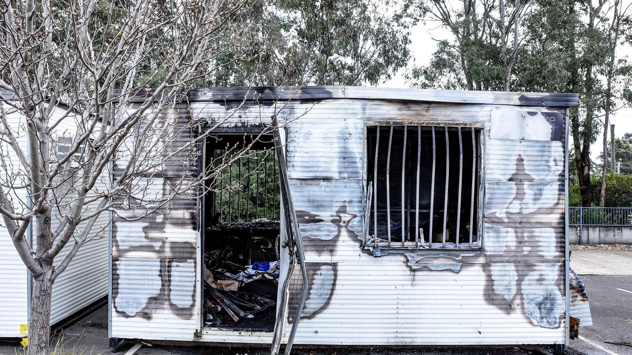 A demountable at a Covid-19 testing clinic at St Marys was damaged by a 'suspicious' fire. Picture: NCA NewsWire / Flavio Brancaleone