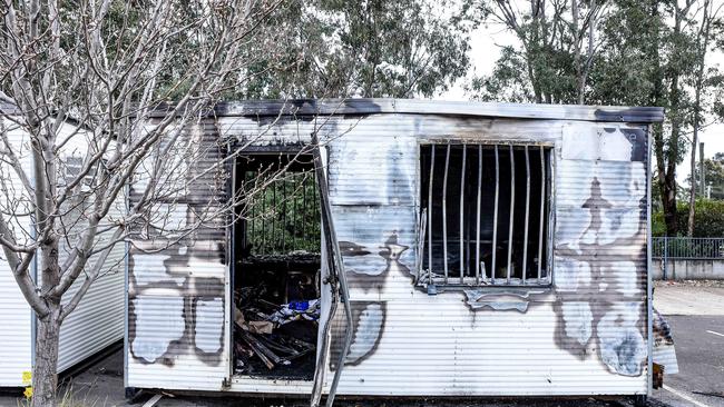 A demountable at a Covid-19 testing clinic at St Marys was damaged by a 'suspicious' fire. Picture: NCA NewsWire / Flavio Brancaleone