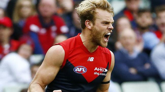 Jack Watts celebrates a goal for Melbourne. Picture: Colleen Petch