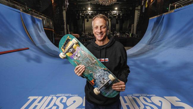 Legendary skateboarder Tony Hawk at the Fortitude Music Hall in Brisbane. Picture: Glenn Hunt