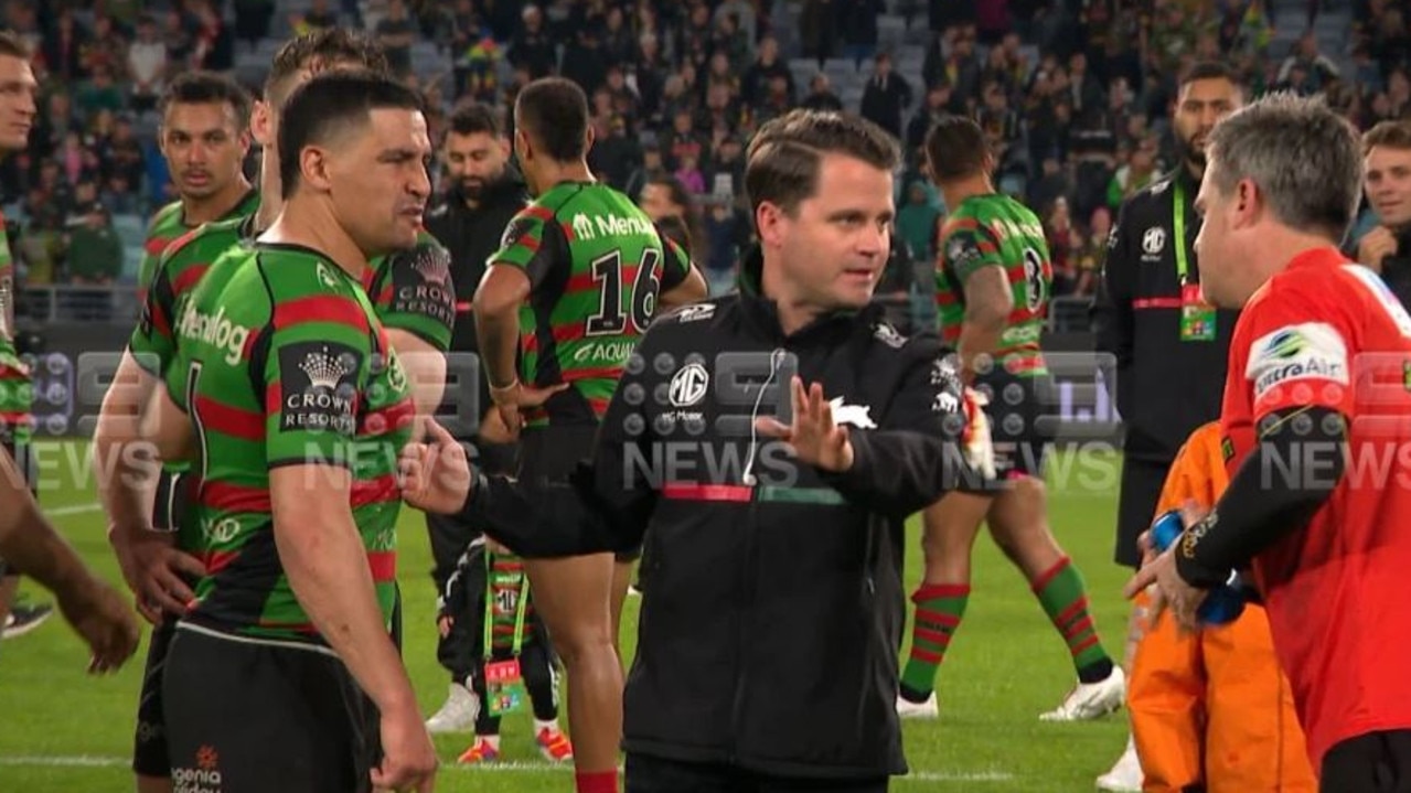 Cody Walker speaks to Panthers physio Pete Green post match. Photo: Channel 9.