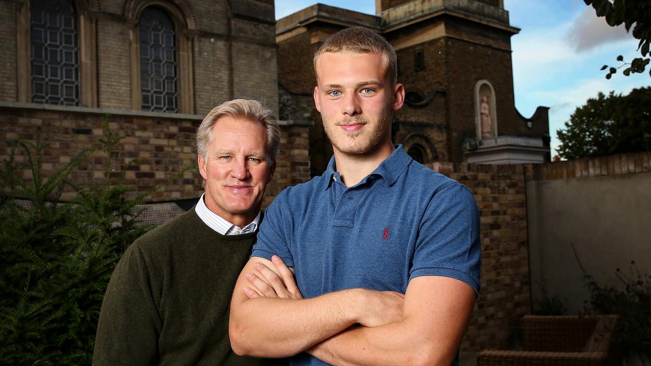 Former Australian rugby captain Michael Lynagh (R) with his son Louis Lynagh. Michael has revealed his son has a chance to play for Australia. Picture: Hollie Adams/News Corp Australia