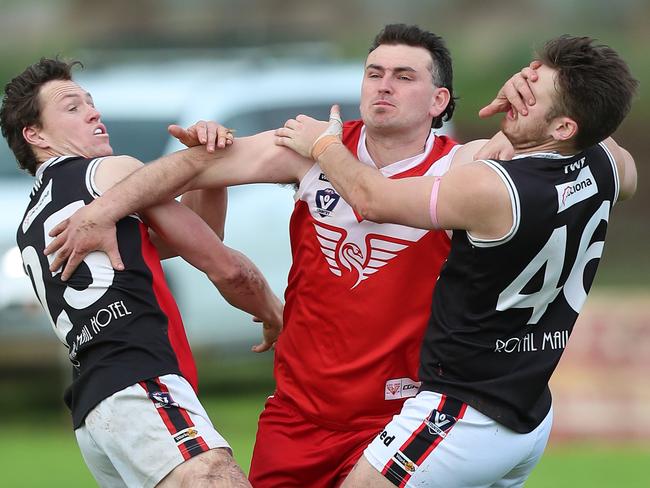 Colac & District FNL, Round 15, Alvie Swans V Birregurra Saints, at Alvie, Dominic Dare, 26, (C), Alvie  &  Mitch Russell, 25, Kyle Davis, 46,  Birregurra, Picture Yuri Kouzmin