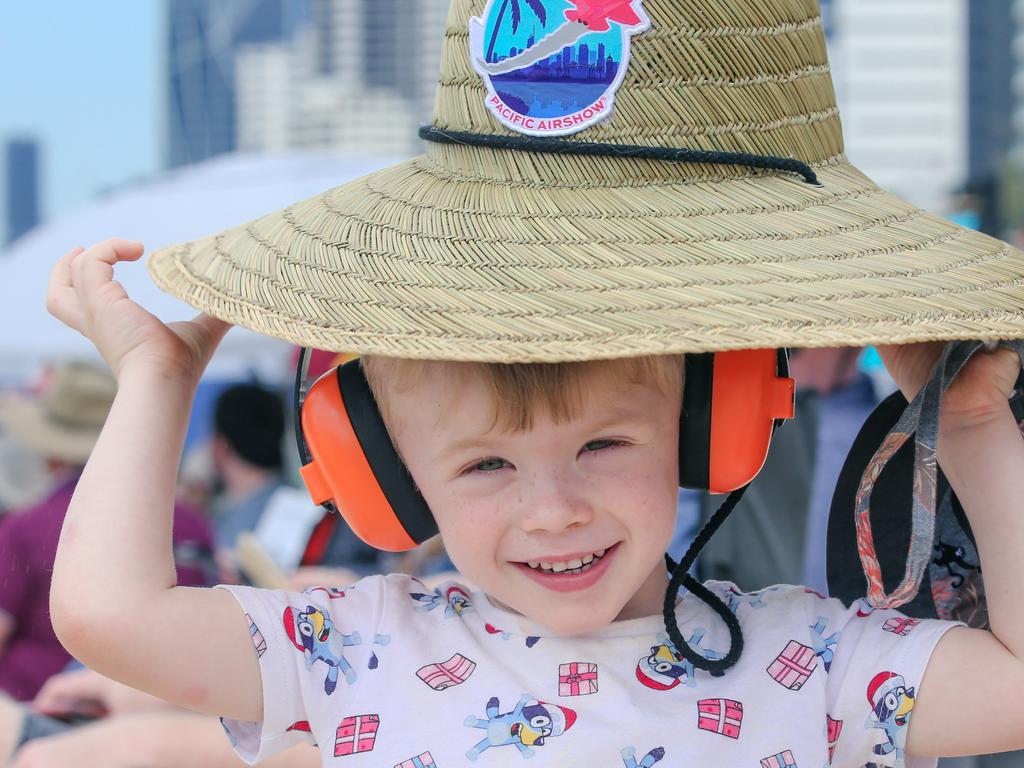 Jace Shackow enjoying the inaugural Pacific Air Show over Surfers Paradise. Picture: Glenn Campbell