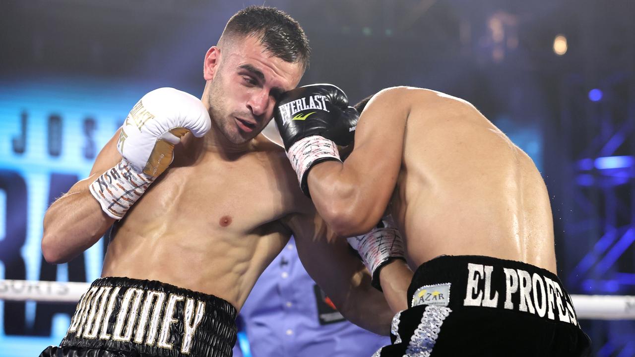 LAS VEGAS, NV – NOVEMBER 14: Joshua Franco and Andrew Moloney exchange punches during their fight for the WBA super flyweight title at the MGM Grand Conference Center on November 14, 2020 in Las Vegas, Nevada. (Photo by Mikey Williams/Top Rank Inc via Getty Images)