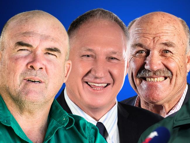 Martin Bella (left) who is running for his third term as councillor at Mackay Regional Council has slammed Steve Jackson (second from left) for recruiting his famous NRL mates including Wally Lewis and Mal Meninga to star in his election campaign.