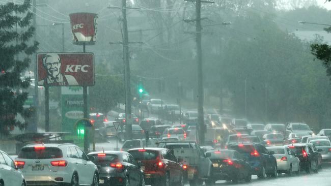 Traffic crawls along Moggill Rd near the roundabout in late 2020. It is being upgraded to tackle congestion and safety problems. Picture: Liam Kidston