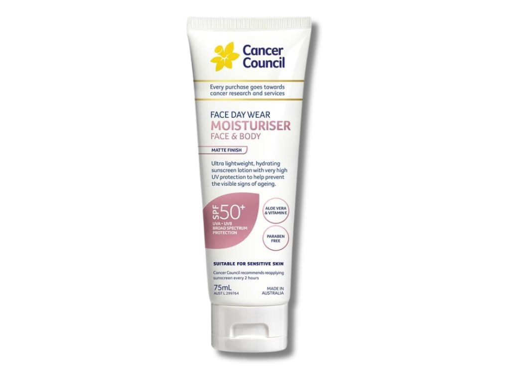 For a little extra staying power, Laura applies the Cancer Council’s Face Day Wear Moisturiser. Picture: Priceline