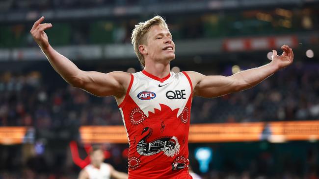 MELBOURNE, AUSTRALIA – MAY 23: Isaac Heeney of the Swans celebrates a goal during the 2024 AFL Round 11 match between the Western Bulldogs and the Sydney Swans at Marvel Stadium on May 23, 2024 in Melbourne, Australia. (Photo by Michael Willson/AFL Photos via Getty Images)