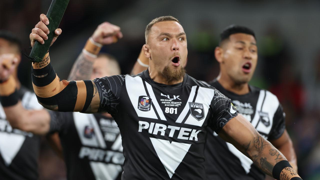 Penrith's James Fisher-Harris leads the haka. Picture: NRL Photos