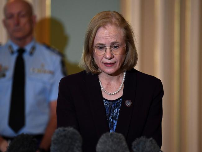 Queensland Chief Health Officer Dr Jeannette Young talks to reporters. Picture: NCA NewsWire / Dan Peled