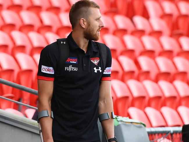 Heppell’s season ended on crutches after ankle surgery. Picture: Getty Images