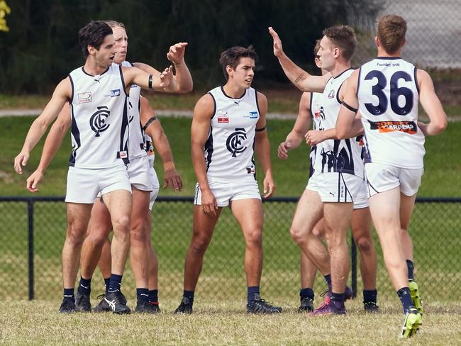 Croydon players celebrate a goal their Round 1 win. Picture: Greg Hotker