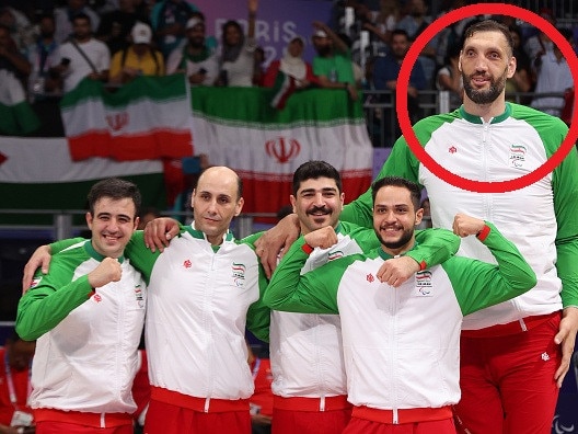 PARIS, FRANCE - SEPTEMBER 06: (L-R) Meysam Hajibabaei Movahhed, Davoud Alipourian, Meisam Ali Pour, Hamidreza Abbasifeshki and Morteza Mehrzadselakjani of Team Islamic Republic of Iran celebrate during the medal ceremony for the Sitting Volleyball - Men on day nine of the Paris 2024 Summer Paralympic Games at North Paris Arena on September 06, 2024 in Paris, France. (Photo by Michael Reaves/Getty Images)