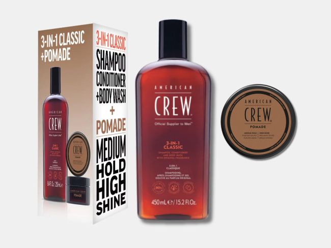 American Crew Duo, Pomade and 3-in-1 Classic Shampoo, Conditioner and Body Wash. Picture: American Crew