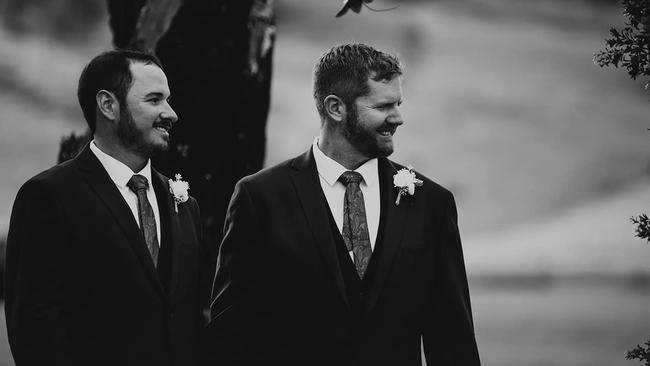 Adam and Rupert on their wedding day on their property near Moore. Photo: Tessa Cox Photography.