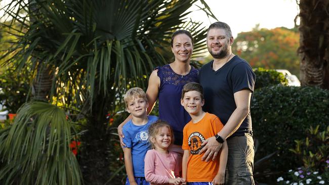 The Kimber family — Alasdair, 6, Autumn, 4, mum Chrystal, Quinlan, 8, and dad Sam. Picture: AAP/Josh Woning