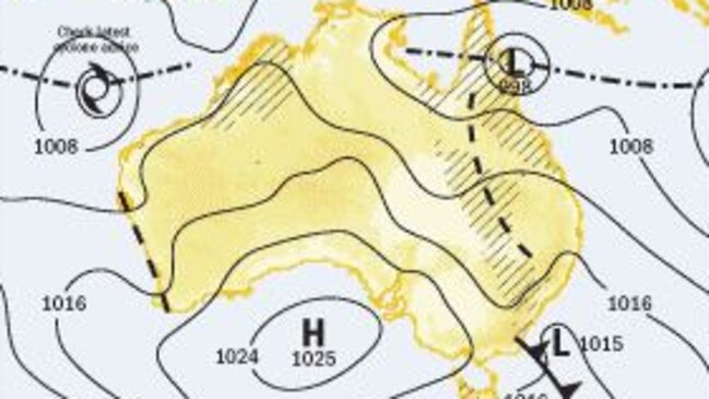 Early indications: This is the forecast map for Thursday morning showing the two systems nearing the Australian coast. Picture. BOM