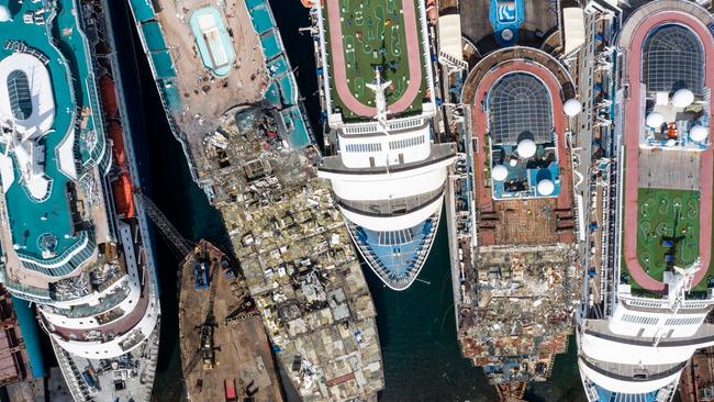 Five luxury cruise ships are broken down for scrap metal at the Aliaga ship recycling port in Izmir, Turkey. Picture: Getty Images.