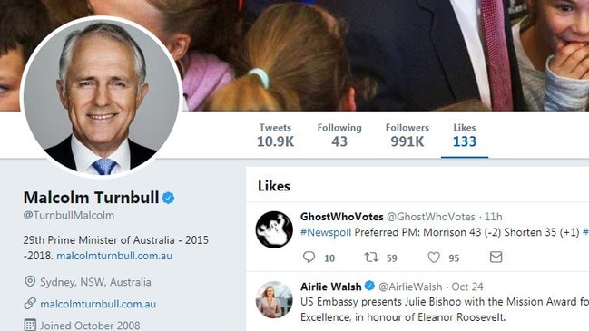 Former prime minister Malcolm Turnbull liked a tweet referencing figures in the latest Newspoll.