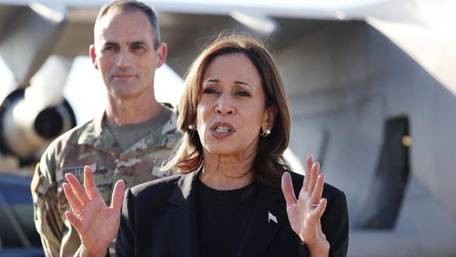 Kamala Harris after being briefed on Hurricane Helene recovery operations at the Charlotte Air National Guard Base at the weekend. Picture: AFP