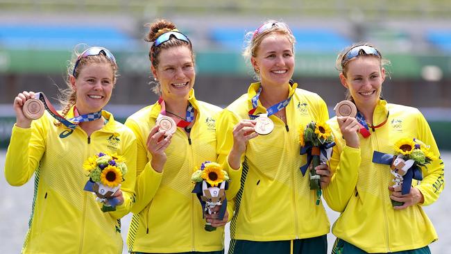 Bronze medallists Ria Thompson, Rowena Meredith, Harriet Hudson and Caitlin Cronin in Tokyo.