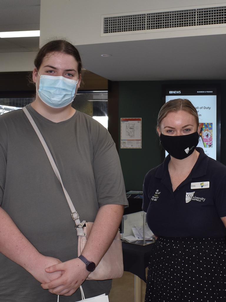 Shelbi Edwards from Bowen (left) and CQU Marketing Officer Emily Lawn at CQ University TAFE Careers Expo Mackay. Ms Edwards is interested in completing a Certificate II in Animal Studies at CQU. She said she has always loved animals and wants to work as a Vet Nurse one day. Picture: Madeleine Graham