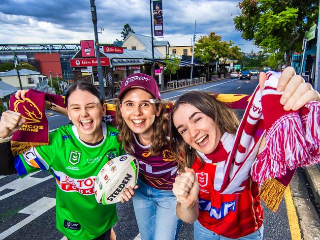 Caxton Street will again to be turned into a pedestrian only fan zone for Magic Round. Forty fans Charlotte Landers, Rianna Teale and Sophie Smith on Caxton Street ahead of NRL Magic Round.Picture: Nigel Hallett*****Sophie ******0447121721 ***
