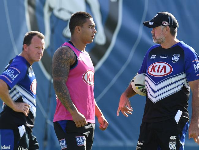 Coach Dean Pay (right) chats with Bulldogs rake Michael Lichaa. Picture: AAP