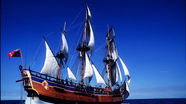 Replica of tall ship HMS Endeavour (HM Bark Endevour) at sea.