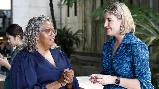 Torres and Cape Hospital and Health Service’s chair Renee Williams speaks with Queensland Health Minister Shannon Fentiman in Cairns on Tuesday, April 23, 2024. Picture: Brendan Radke