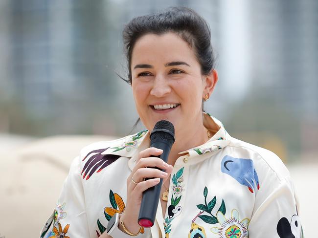 GOLD COAST, AUSTRALIA - MARCH 08: Laura Kane, AFL Executive General Manager of Football speaks to the media during a 2024 AFL Opening Round Media Opportunity at Kurrawa Beach on March 08, 2024 in Gold Coast, Australia. (Photo by Dylan Burns/AFL Photos via Getty Images)