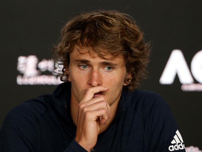 Alexander Zverev of Germany speaks to the media during a press conference after being defeated in the match against Milos Raonic of Canada on day eight of the Australian Open tennis tournament in Melbourne, Monday, January 21, 2019.  (AAP Image/Hamish Blair) NO ARCHIVING, EDITORIAL USE ONLY