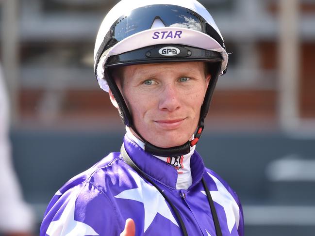 Damien Thornton after Desert Icon (FR) won the Mal Seccull Handicap , at Caulfield Racecourse on February 05, 2022 in Caulfield, Australia.(Reg Ryan/Racing Photos via Getty Images)