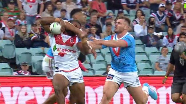 Sydney Roosters' Daniel Tupou was put on report for this high shot on Mikaele Ravalawa.