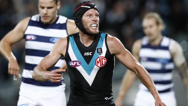 Brad Ebert enjoys a goal in Port Adelaide’s qualifying final win.