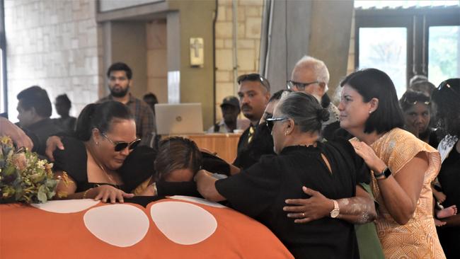 Lawrence Costa’s daughter Jaunnita, Selena Uibo MLA, wife Ebony Costa, and Chief Minister Natasha Fyles grieved for their father, husband, colleague and friend at the state funeral. Picture: Sierra Haigh