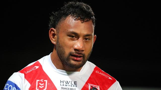 SYDNEY, AUSTRALIA - MARCH 26: Francis Molo of the Dragons reacts during the round four NRL match between St George Illawarra Dragons and Cronulla Sharks at Netstrata Jubilee Stadium on March 26, 2023 in Sydney, Australia. (Photo by Jeremy Ng/Getty Images)