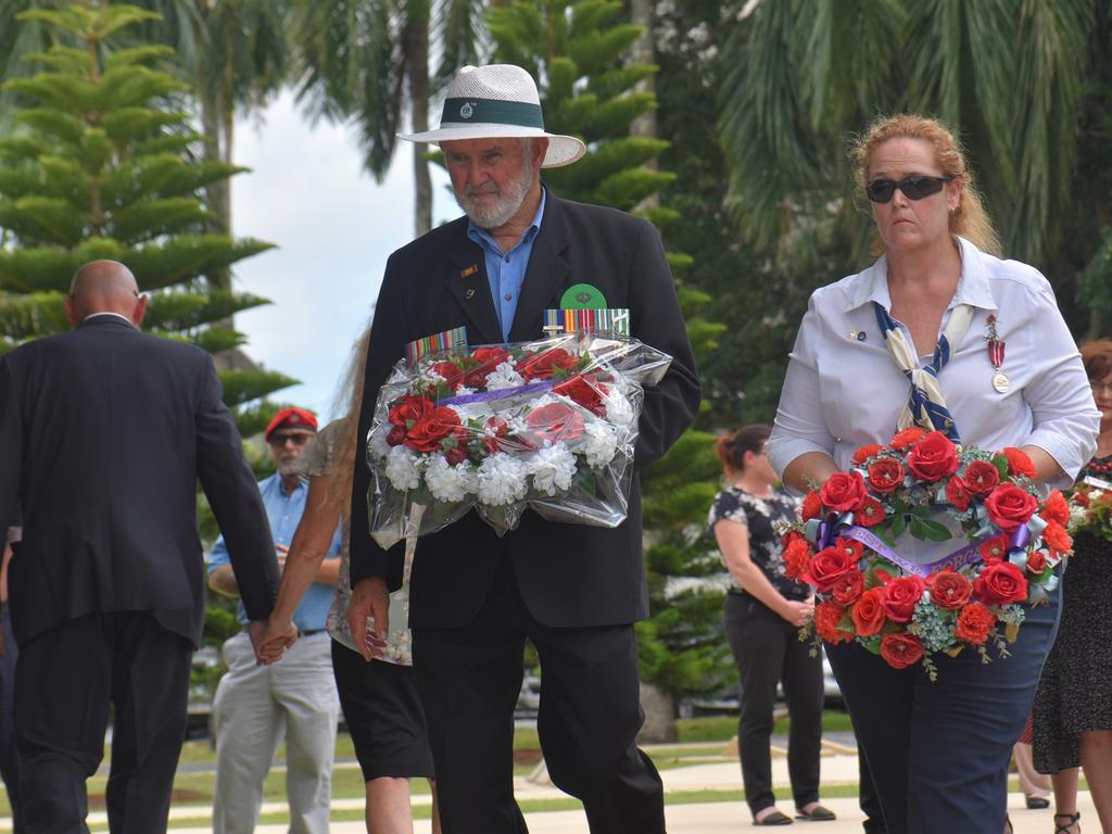 Vietnam War veteran Leslie Palmer and former AAF servicewoman Nicole Wood at the 2021 Remembrance Day Ceremony in Jubilee Park. Picture: Lillian Watkins