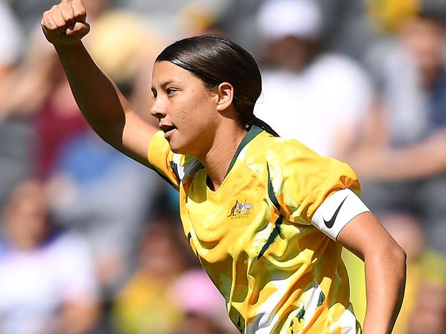 Sam Kerr celebrates scoring for the Matildas. Picture: AAP