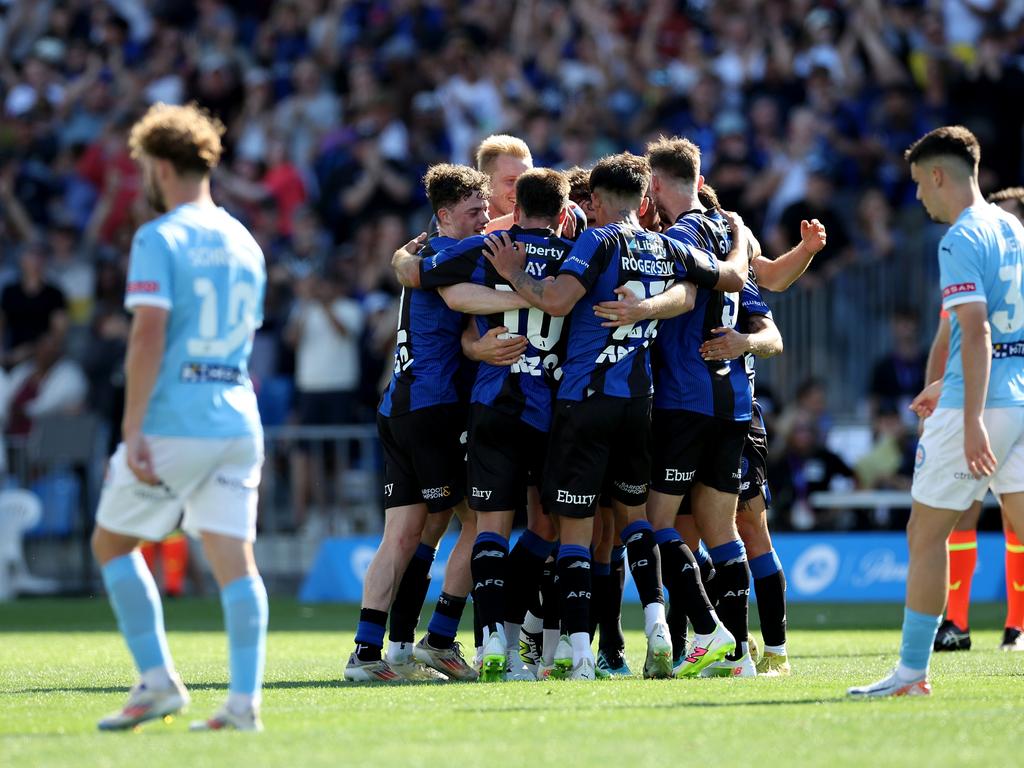 Auckland celebrate a goal by Nando Pijnaker. Picture: Getty Images