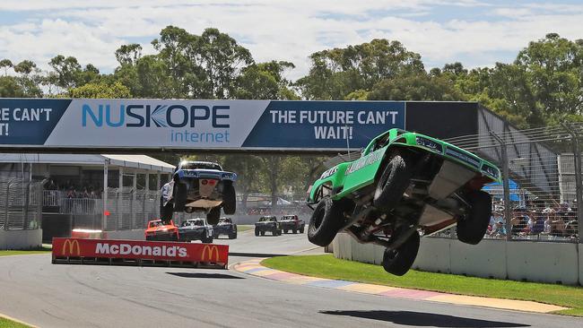 The high-flying Stadium Super Trucks at their last Adelaide 500 appearance. Picture: Dylan Coker